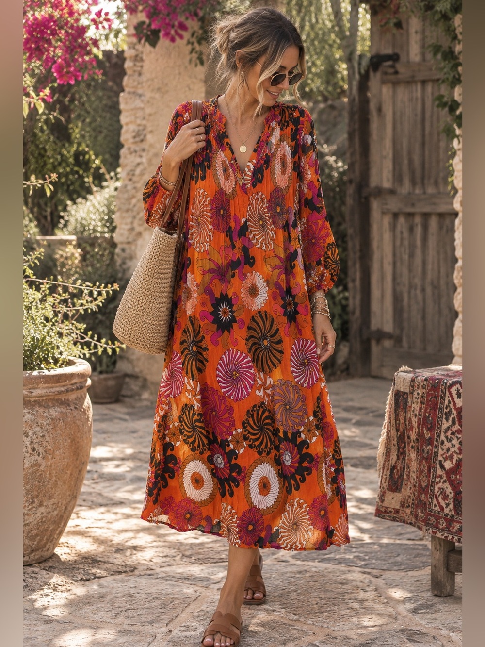 Boho Floral Orange Antik Batik Dress